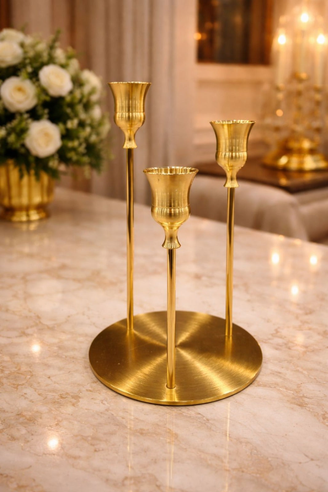 Gold Candle Holder Trio – Elegant 3-Arm Table Decor