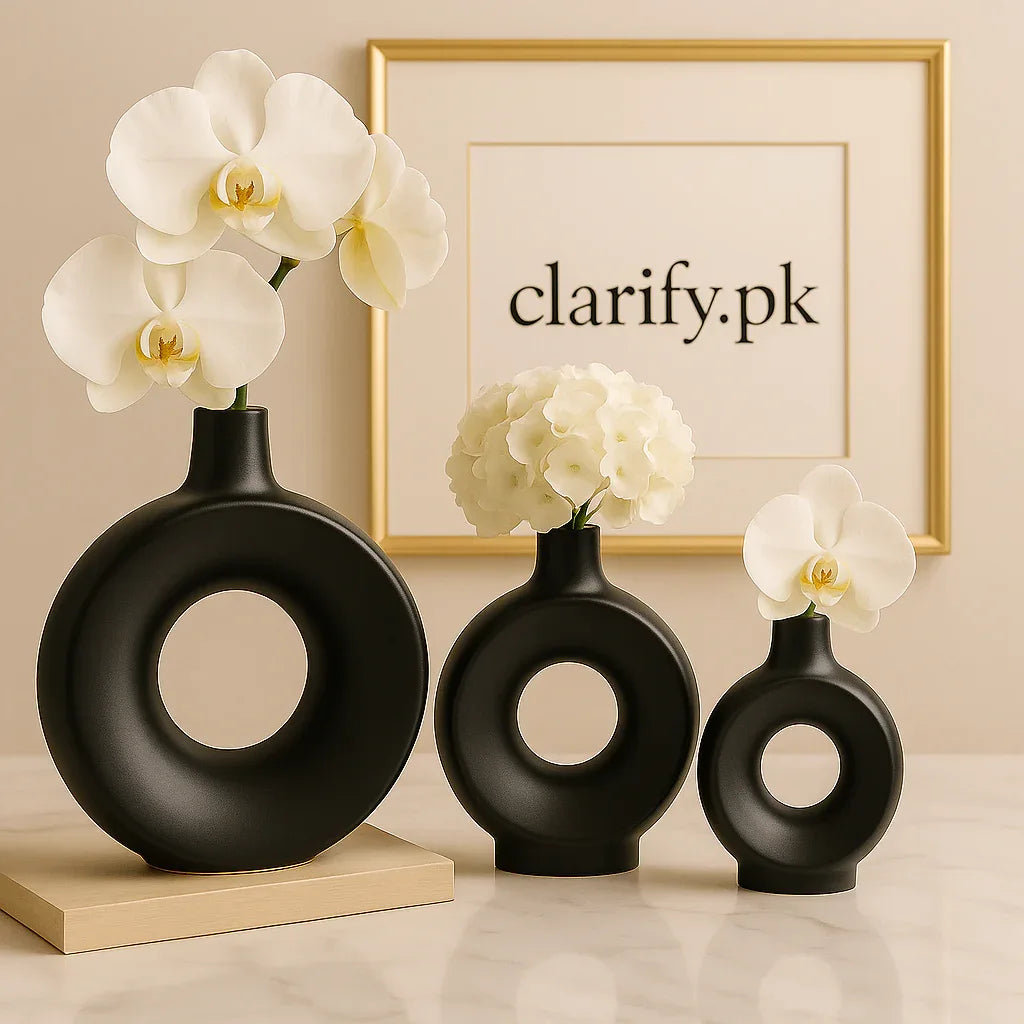 Modern Black Ring Vase Set – 3 Pcs Decorative Hollow Vases - Clarify.pk