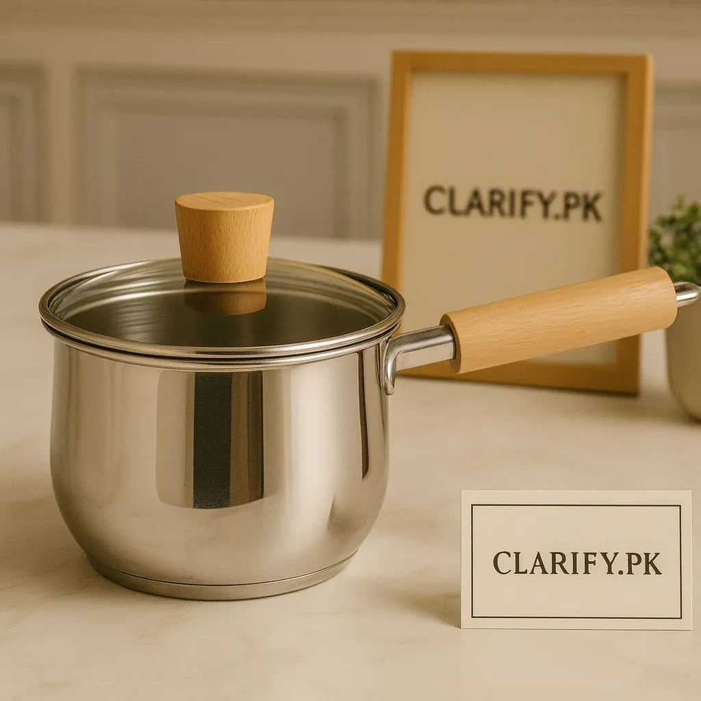 Stainless Steel Saucepan – 18cm Cook Pot with Wooden Handle & Glass Lid - Clarify.pk