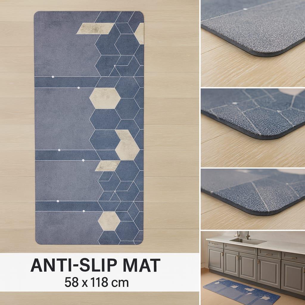 Anti-Slip Rubber Mat – Blue Hexagon Print Floor Rug (58 x 118 cm) - Clarify.pk