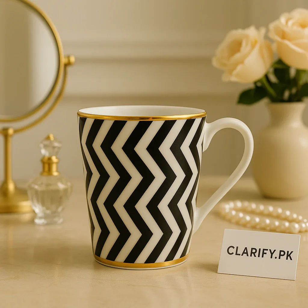 Luxury Chevron Ceramic Coffee Mug – Gold Rim Black & White - Clarify.pk