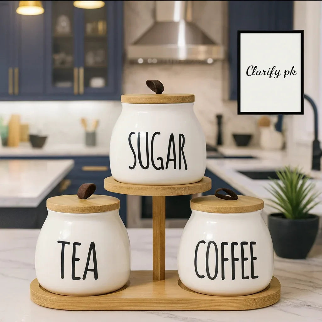 Ceramic Tea Coffee Sugar Jar Set – 3 Pcs with Bamboo Lid & Wooden Rack - Clarify.pk