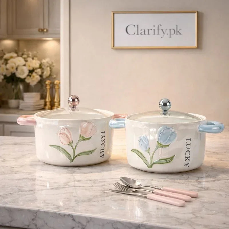 Luxury Floral Ceramic Casserole Bowl 1200ml with Glass Lid - Clarify.pk
