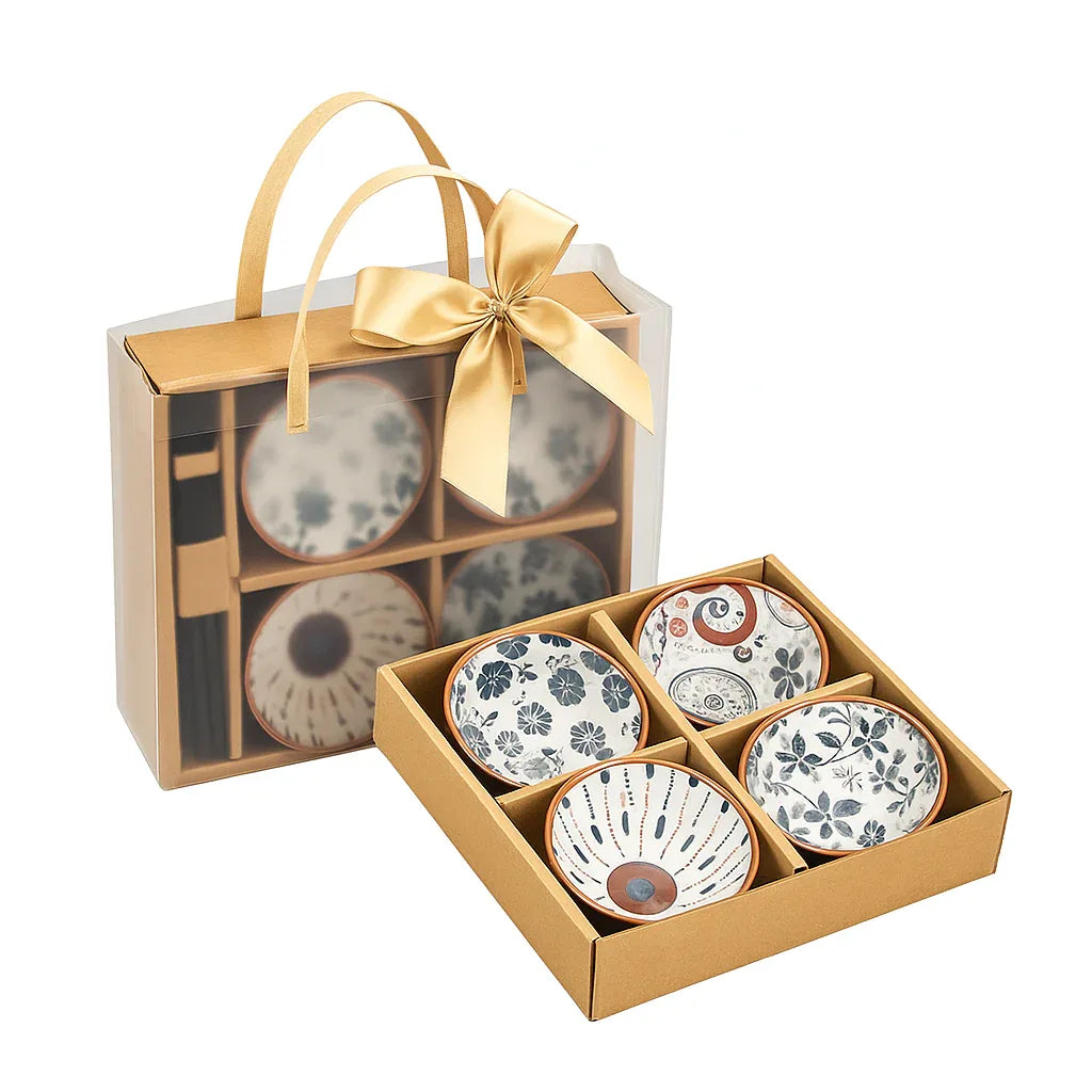 Japanese Style Ceramic Serving Bowls Set with Chopsticks - 4 Pieces Set - Clarify.pk