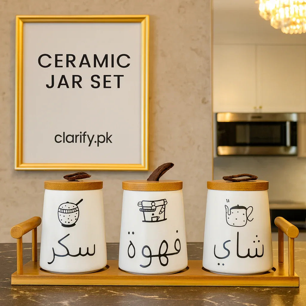 Luxury Arabic Ceramic Jar Set – 3 Pcs with Wooden Lid & Base - Clarify.pk