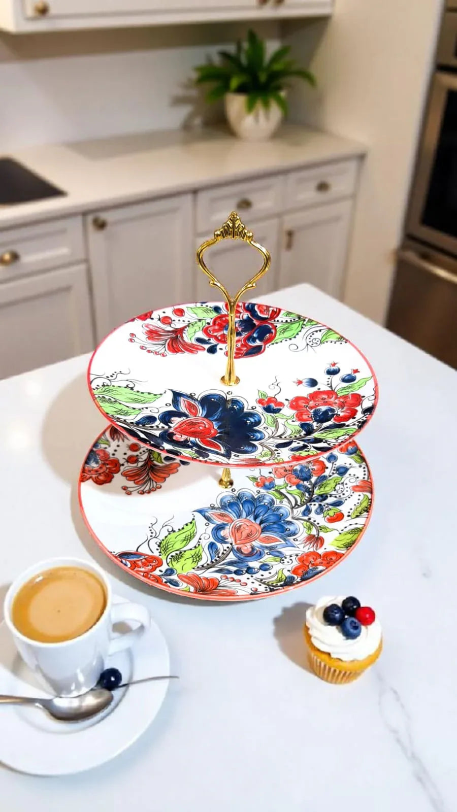 Luxury 2-Tier Ceramic Stand – Red & Blue Floral Design - Clarify.pk