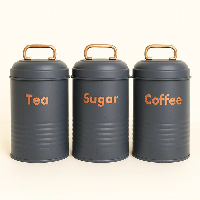 Vintage Metal Canister Set – 3-Piece Embossed Coffee, Tea, & Sugar Jars MJ