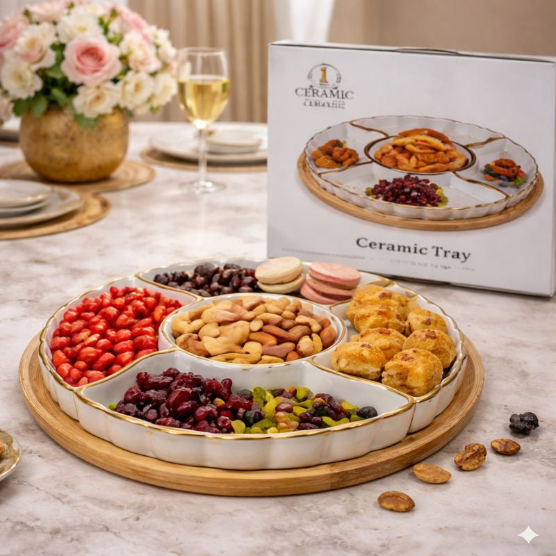 Luxury 5-Portion Ceramic Dessert & Snack Set - Gold Rim with Rotating Wooden Tray - Trenducts.pk