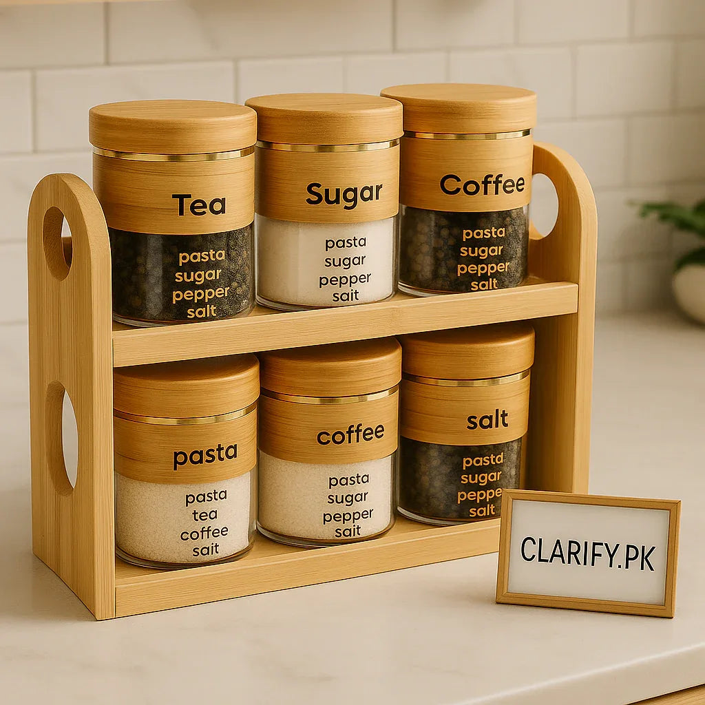 6-Piece Glass Jar Set with Stand – Kitchen Storage Organizer - Clarify.pk