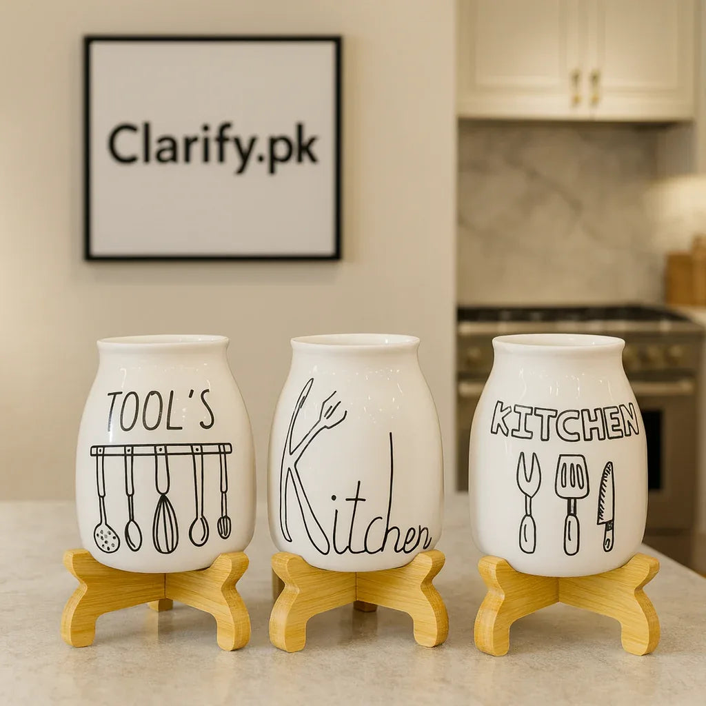 3 Pcs Ceramic Kitchen Storage Jar Set with Wooden Stand - Clarify.pk