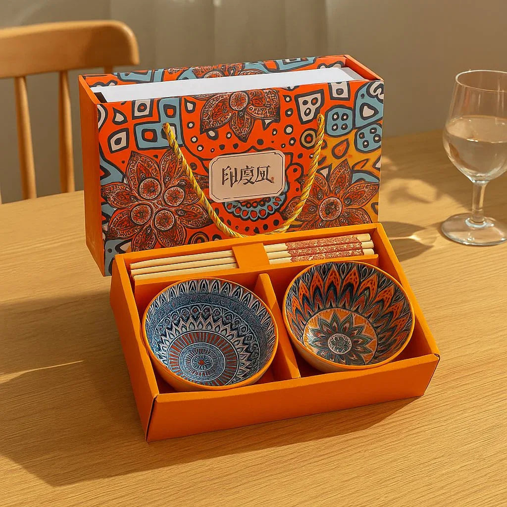 Japanese Ceramic Bowl Set of 2 with Chopsticks – Mandala Print - Clarify.pk