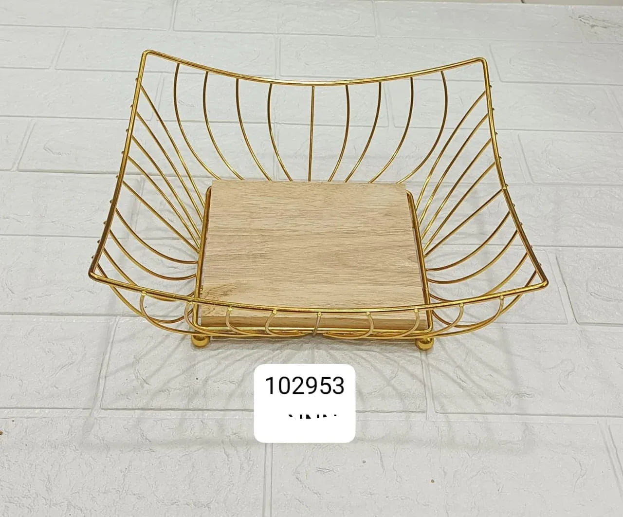 Luxury Golden Wire Fruit Basket with Wooden Base - Clarify.pk