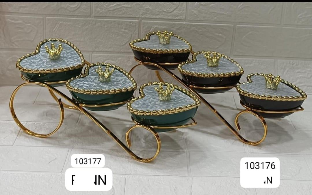 Premium Heart Ceramic Jar Set – Golden Stand with Crown Tops - Clarify.pk