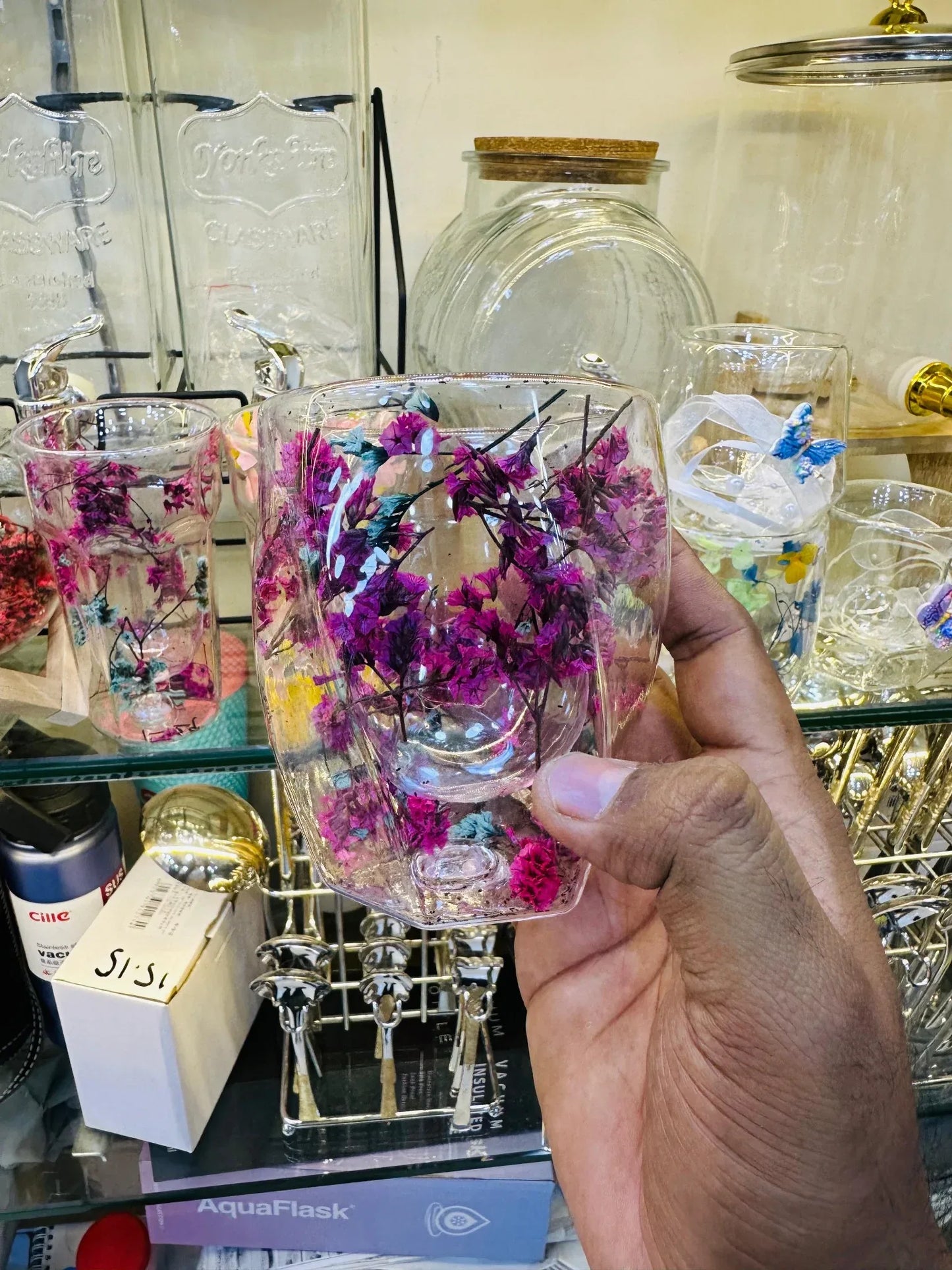 Purple & Magenta Floral Double Wall Glass Cup – Heat-Resistant Mug - Clarify.pk