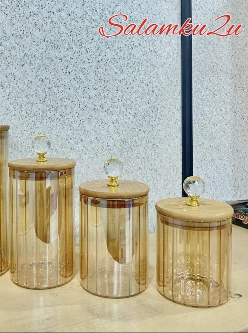 Golden Storage Jar with Wooden Lid & Crystal Knob - Clarify.pk