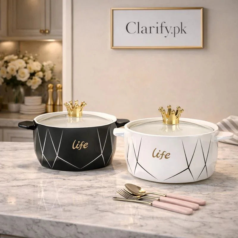 Ceramic Cooking Bowl 1200ml with Crown Lid Handle - Clarify.pk