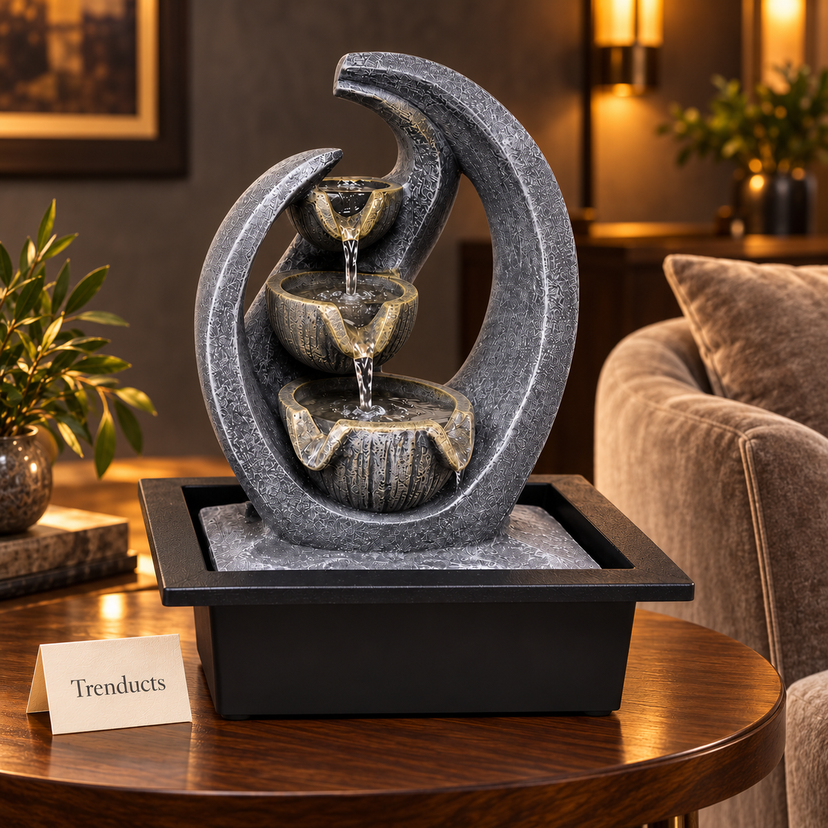 Oval Arch 3-Tier Lotus Bowl Tabletop Fountain – Contemporary Indoor Water Feature
