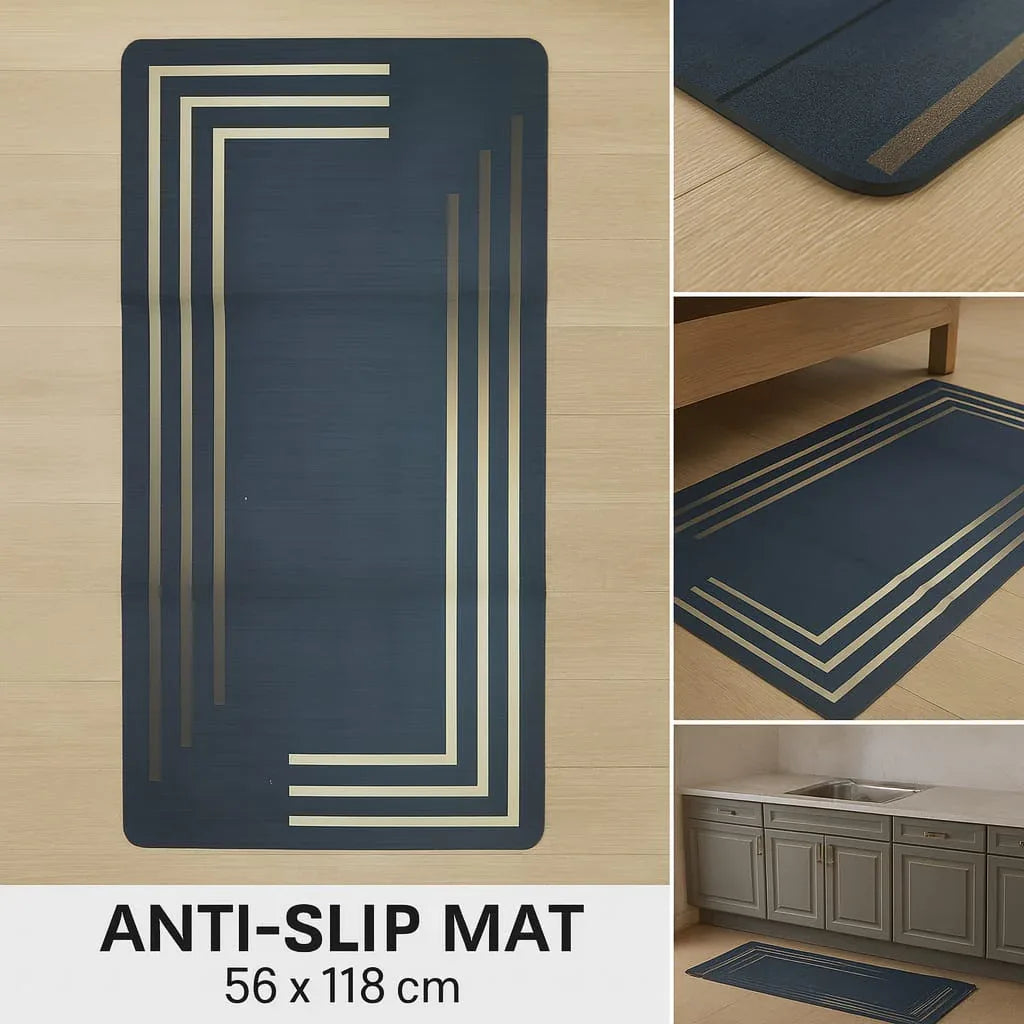Anti-Slip Rubber Mat – Navy Blue & Gold Line Design (56 x 118 cm) - Clarify.pk