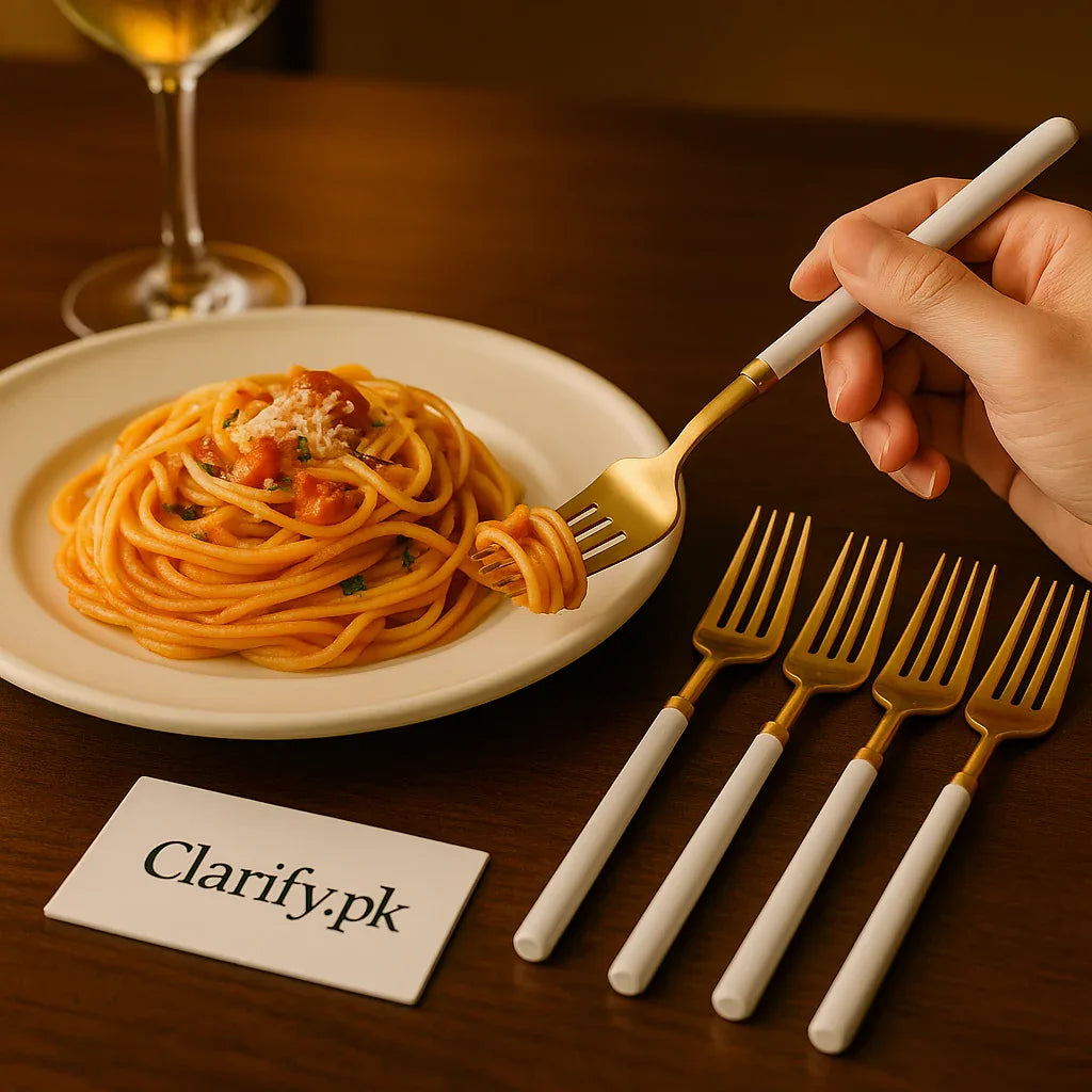 Gold & White Dinner Fork Set – 6pcs Elegant Stainless Steel Cutlery - Clarify.pk