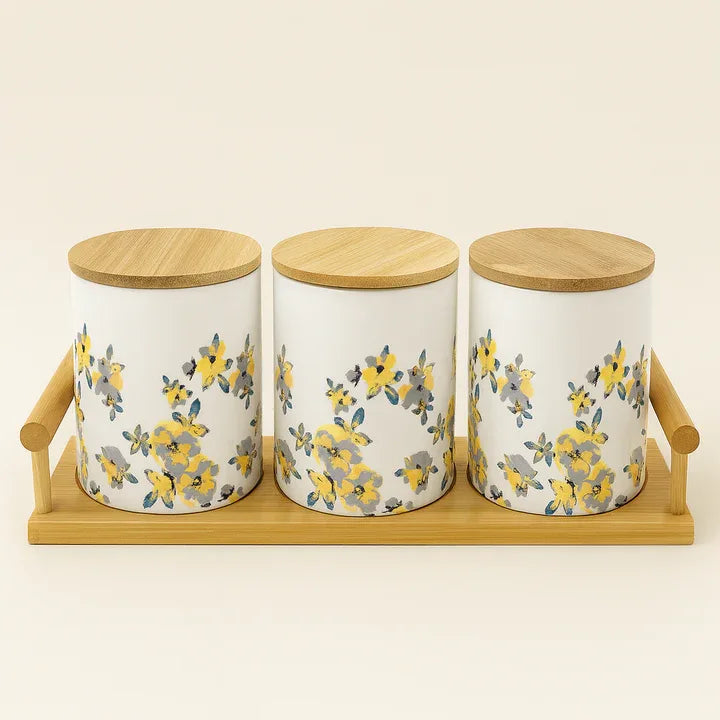 Floral Ceramic Canisters with Bamboo Base – Set of 3 - Clarify.pk