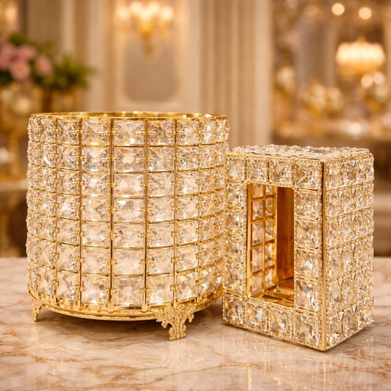 Round Crystal Nug Bin & Tissue Box – Grand Gold (Random Design) ZZ