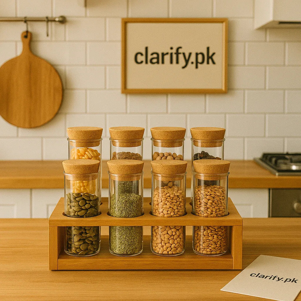 Luxury 6 Glass Jar Set with Stand – Kitchen Organizer - Clarify.pk
