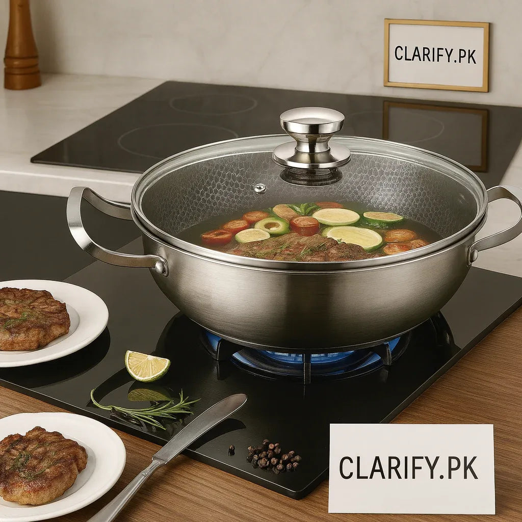 Stainless Steel Frying Pan – Non-Stick Honeycomb Wok for Gas Stove (28cm) - Clarify.pk