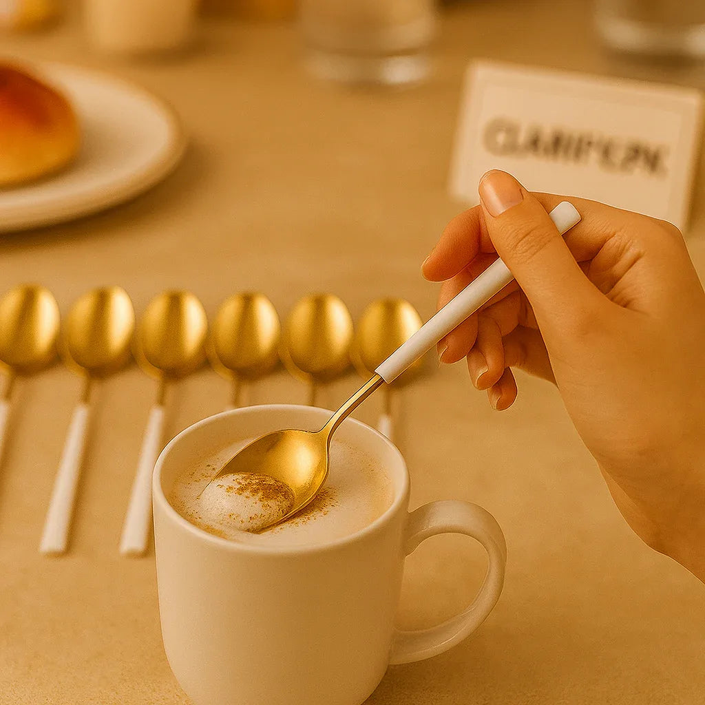 6-Piece Gold Dessert Spoon Collection – White Handle Elegant Cutlery - Clarify.pk