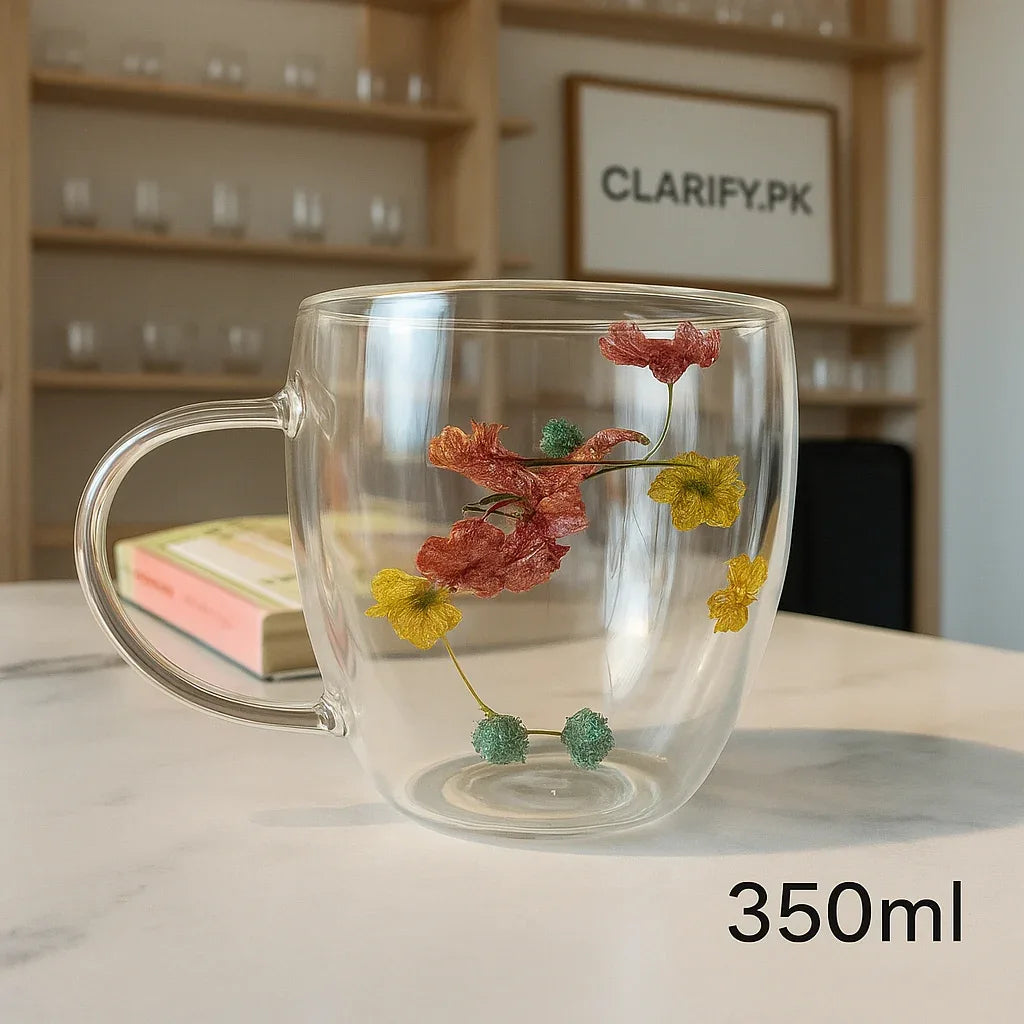 Double Wall Glass Mug with Floral Design – 350ml - Clarify.pk