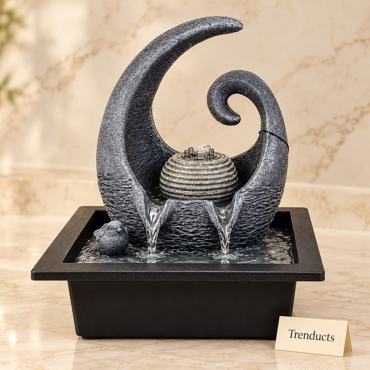 Abstract Wave Crescent Sphere Tabletop Fountain with Multi-Nozzle Spout – Modern Indoor Water Feature