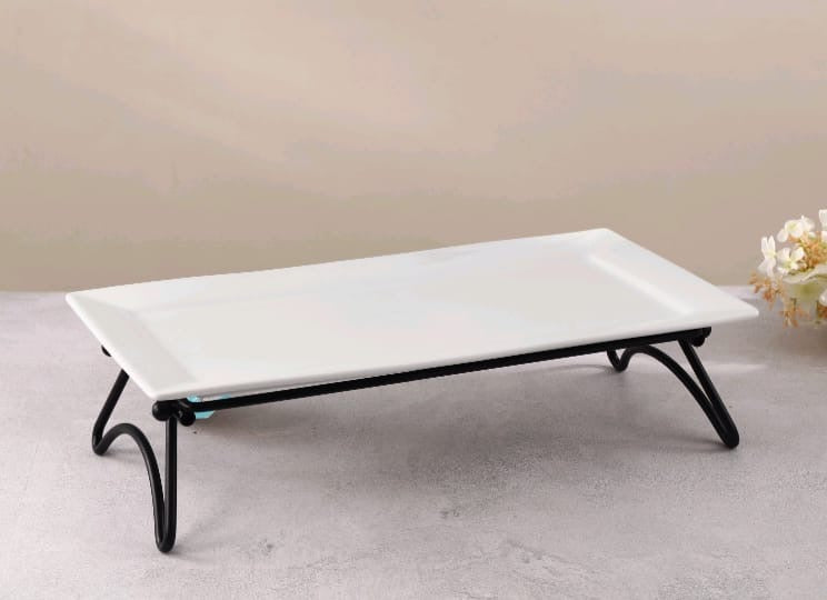 14-Inch Rectangular Ceramic Platter with Wrought Iron Stand