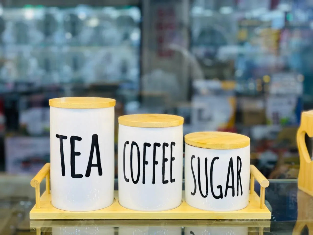 3 Pcs Ceramic Jar Set – Tea, Coffee & Sugar Storage Jars with Bamboo Lids & Wooden Tray - Clarify.pk