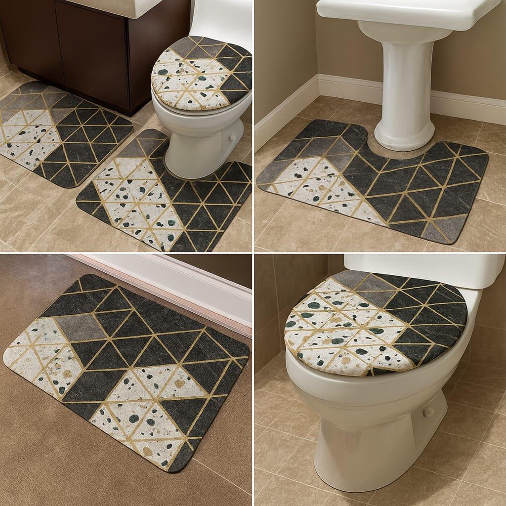 3-Piece Bathroom Mat Set – Geometric Marble Print Absorbent Non-Slip Rugs with Toilet Lid Cover - Clarify.pk