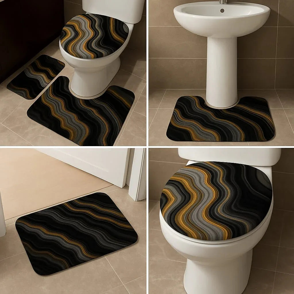 3-Piece Bathroom Mat Set – Black & Gold Wave Print Absorbent Non-Slip Rugs with Toilet Lid Cover - Clarify.pk