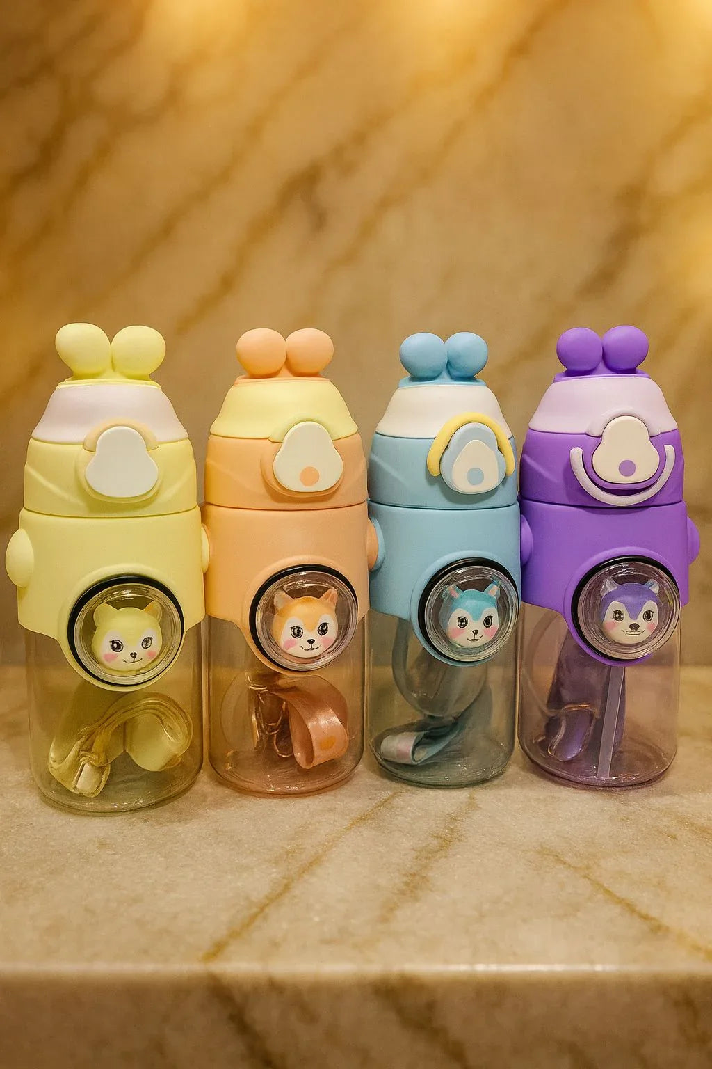 Cute Animal Kids Water Bottle – 500ml with Straw (Random Color) - Clarify.pk