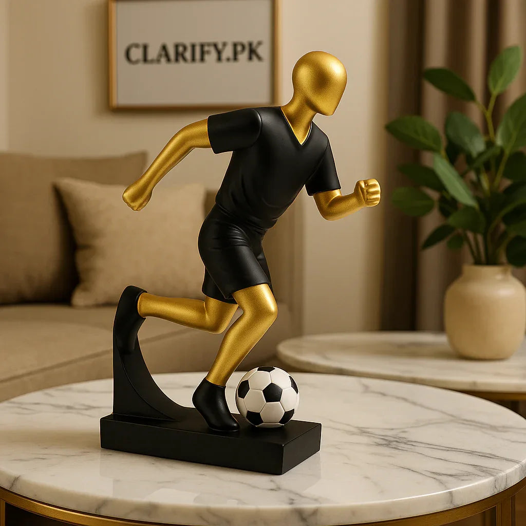 Golden Fiber Footballer Statue – Modern Sports Art Decor Piece - Clarify.pk