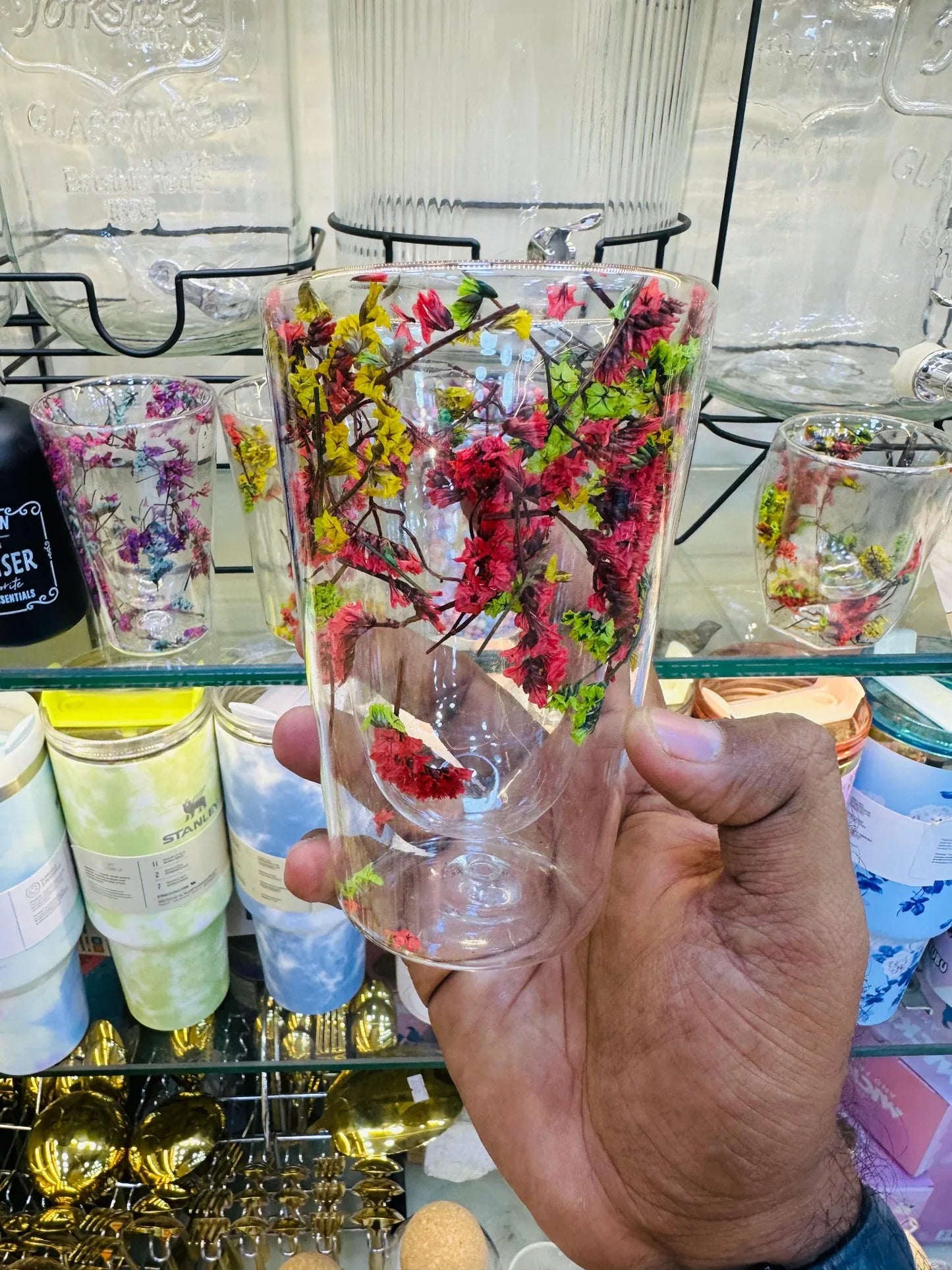 Luxury Red Flower Double-Layer Glass Cup – Elegant Heat-Resistant Mug - Clarify.pk