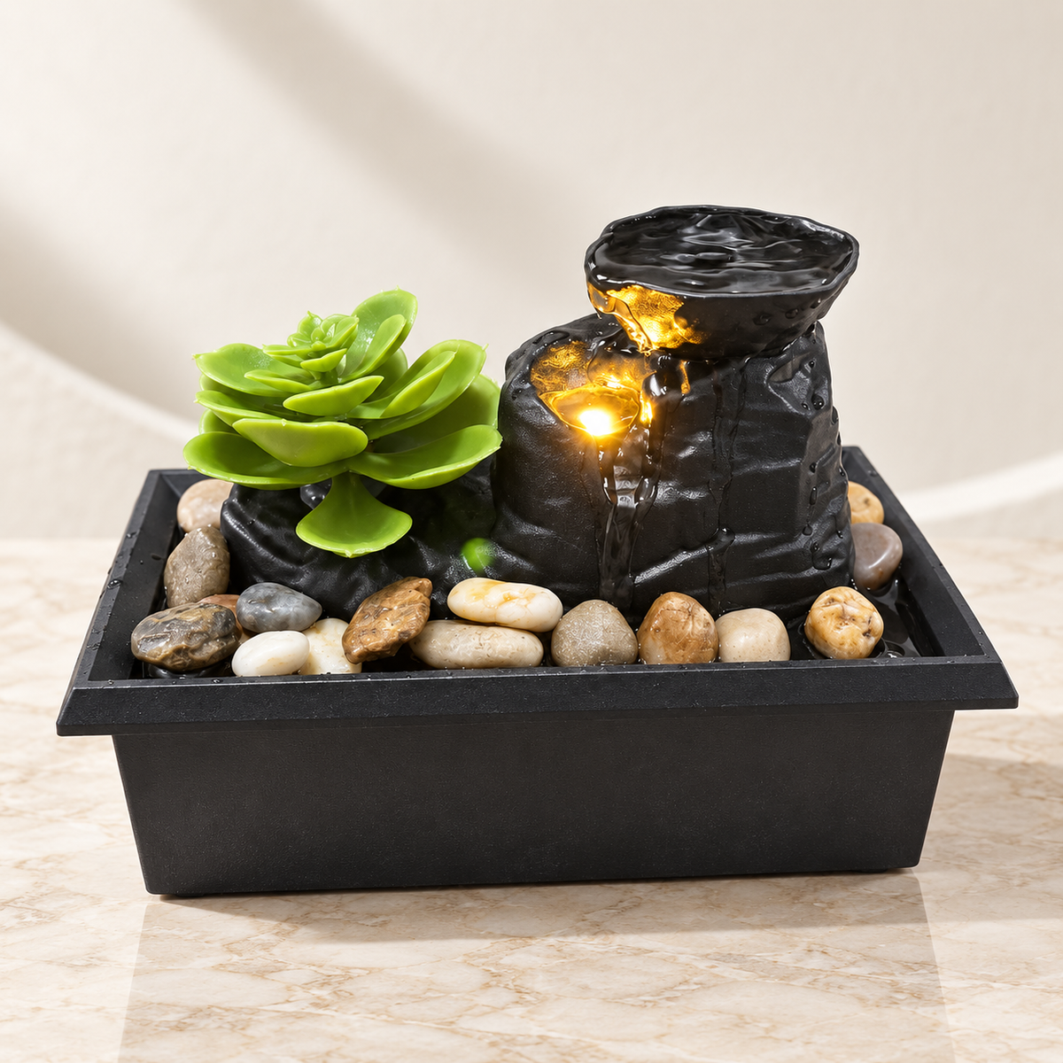 Zen Rock Garden Tabletop Fountain with Succulent, LED Light & River Pebbles – Indoor Water Feature