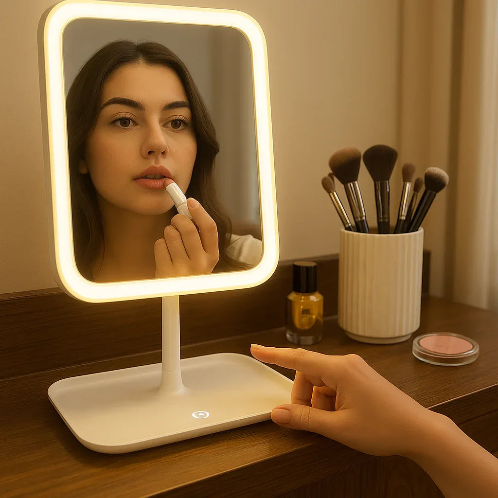 Square Round Mirror – 3 Modes LED Light, Rechargeable - Clarify.pk