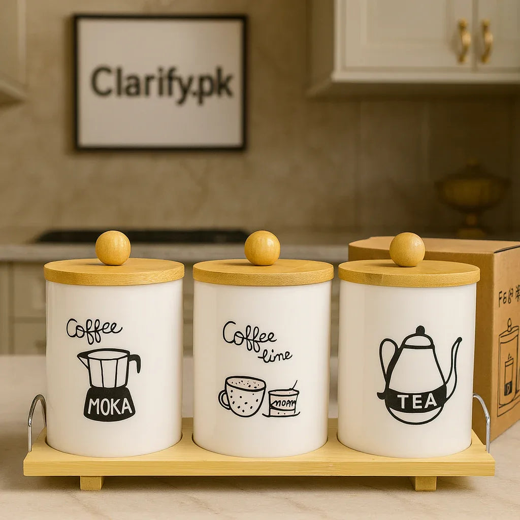 3 Pcs Ceramic Kitchen Jar Set – Bamboo Lid & Wooden Stand - Clarify.pk