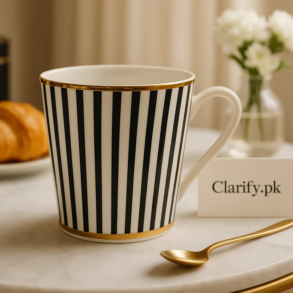 Parisian Elegance Black & Gold Striped Ceramic Mug – Luxury Coffee Cup - Clarify.pk