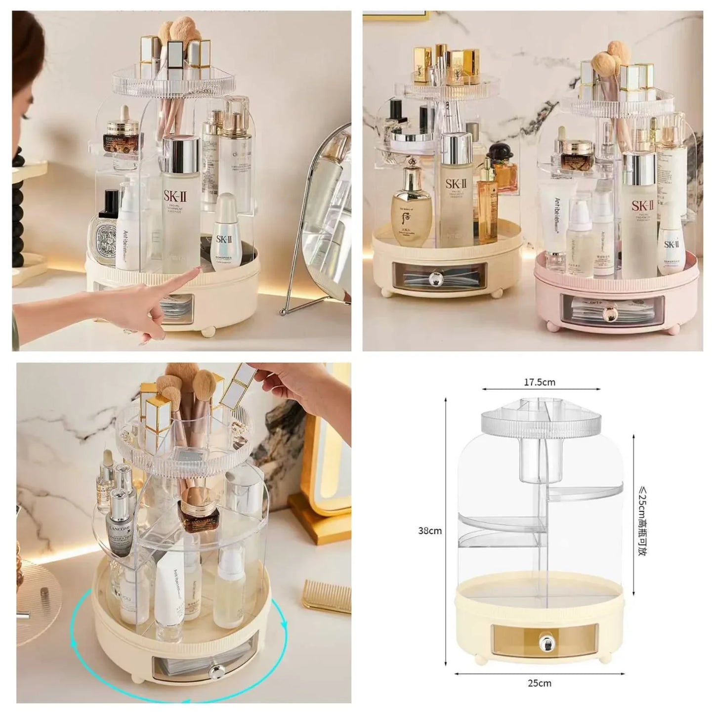 360° Rotating Cosmetics Organizer – Large Capacity Makeup Storage - Clarify.pk