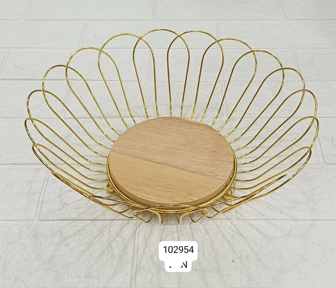Luxury Golden Wire Fruit Basket with Wooden Base – Decorative Storage Bowl - Clarify.pk