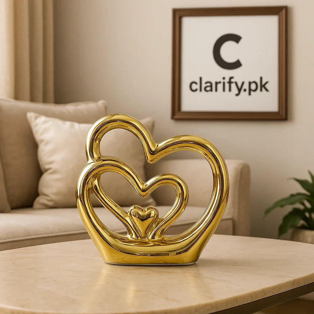 Golden Ceramic Double Heart Decoration – Romantic Home Décor Piece (Small) - Clarify.pk
