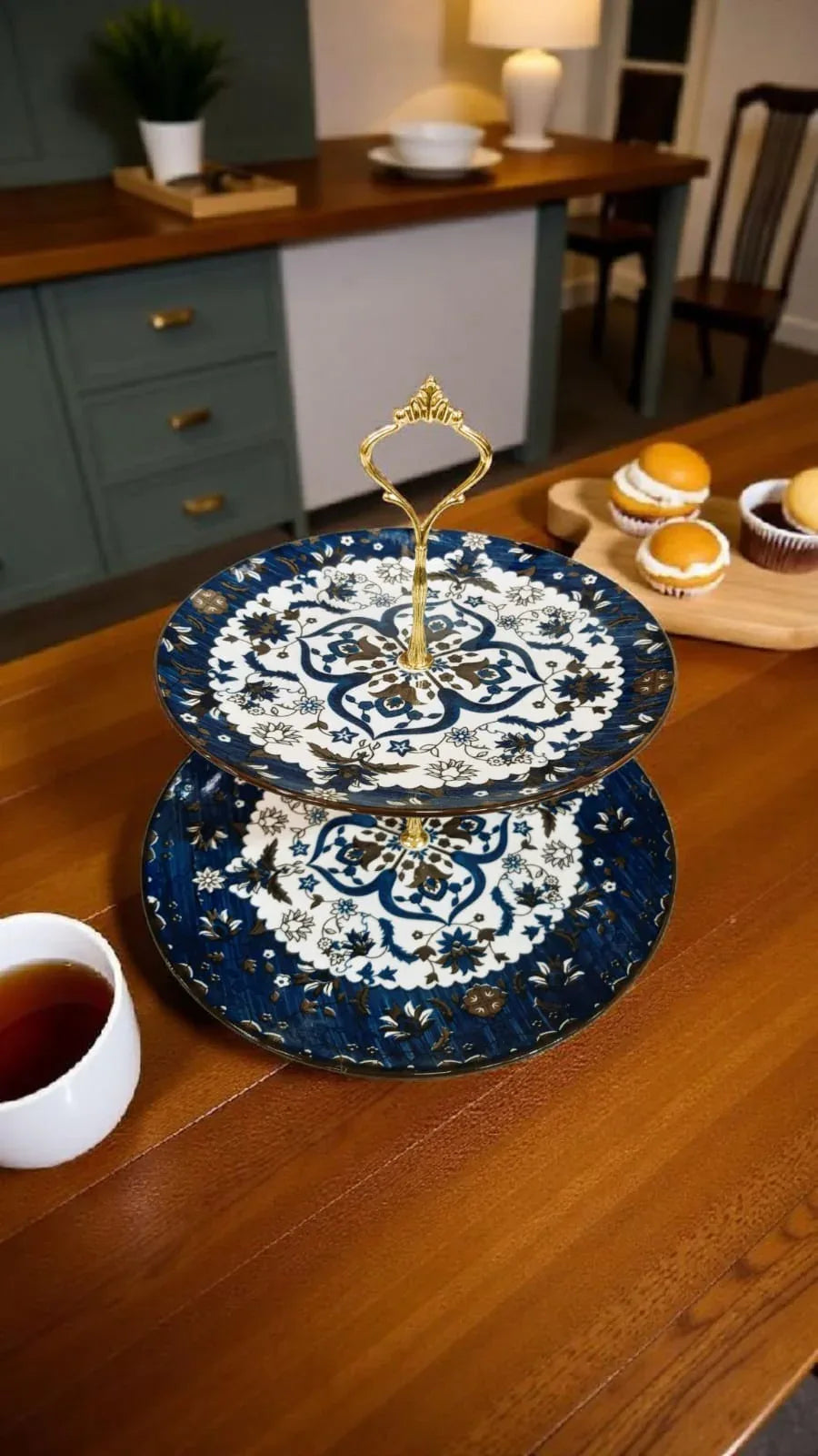 Luxury Royal Blue 2-Tier Ceramic Dessert Stand - Clarify.pk