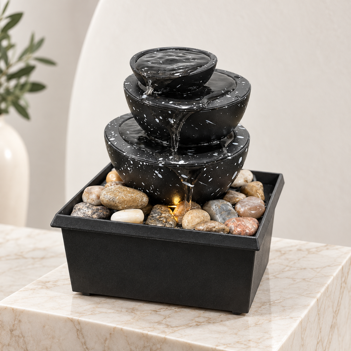 3-Tier Cascading Bowl Tabletop Fountain with LED Light & River Pebbles – Indoor Water Feature