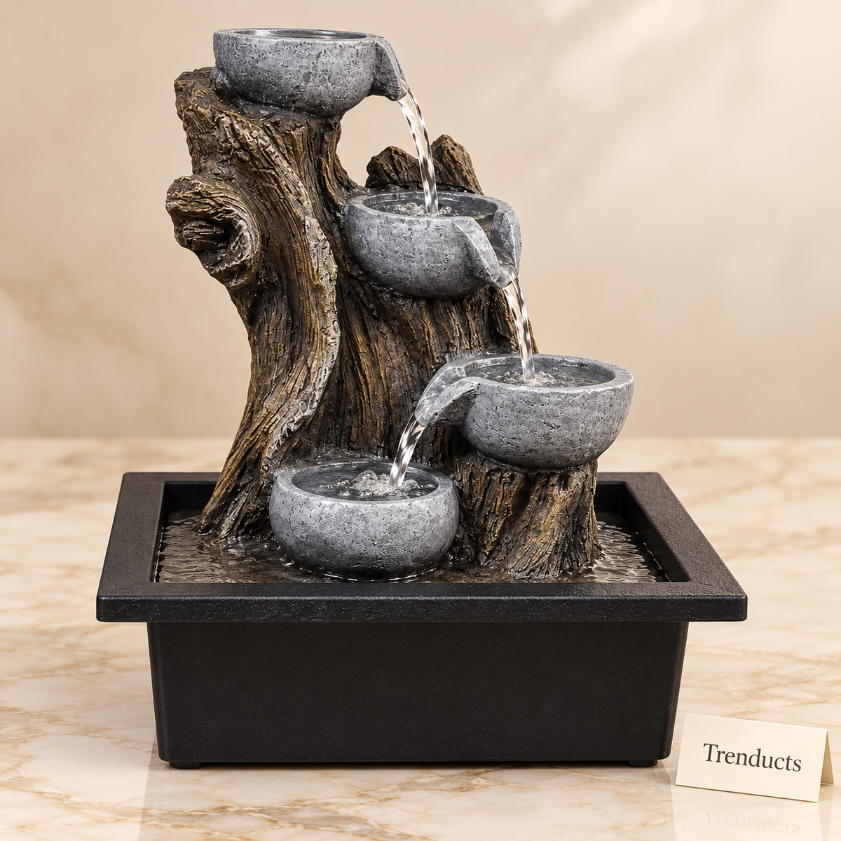 4-Tier Tree Trunk Tabletop Fountain with Stone Bowls – Driftwood Indoor Water Feature
