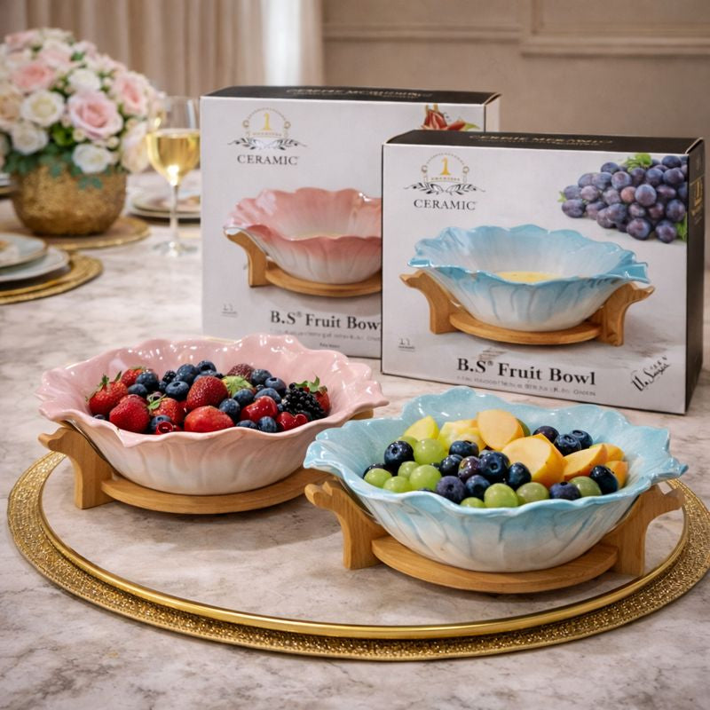 Scalloped Aesthetic Ceramic Fruit Bowl - Pastel Ombre with Wooden Base - Trenducts.pk