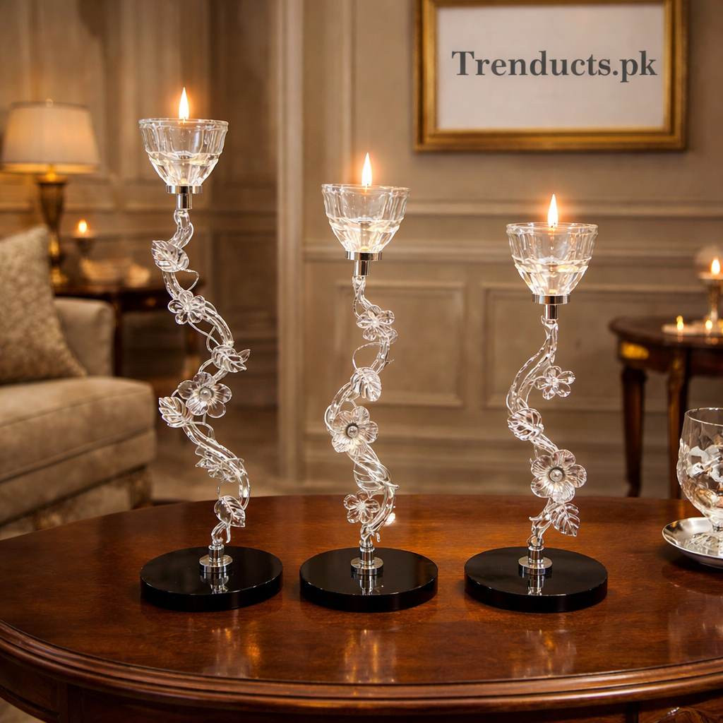 3-Piece Floral Silver & Crystal Metal Candle Stand Set