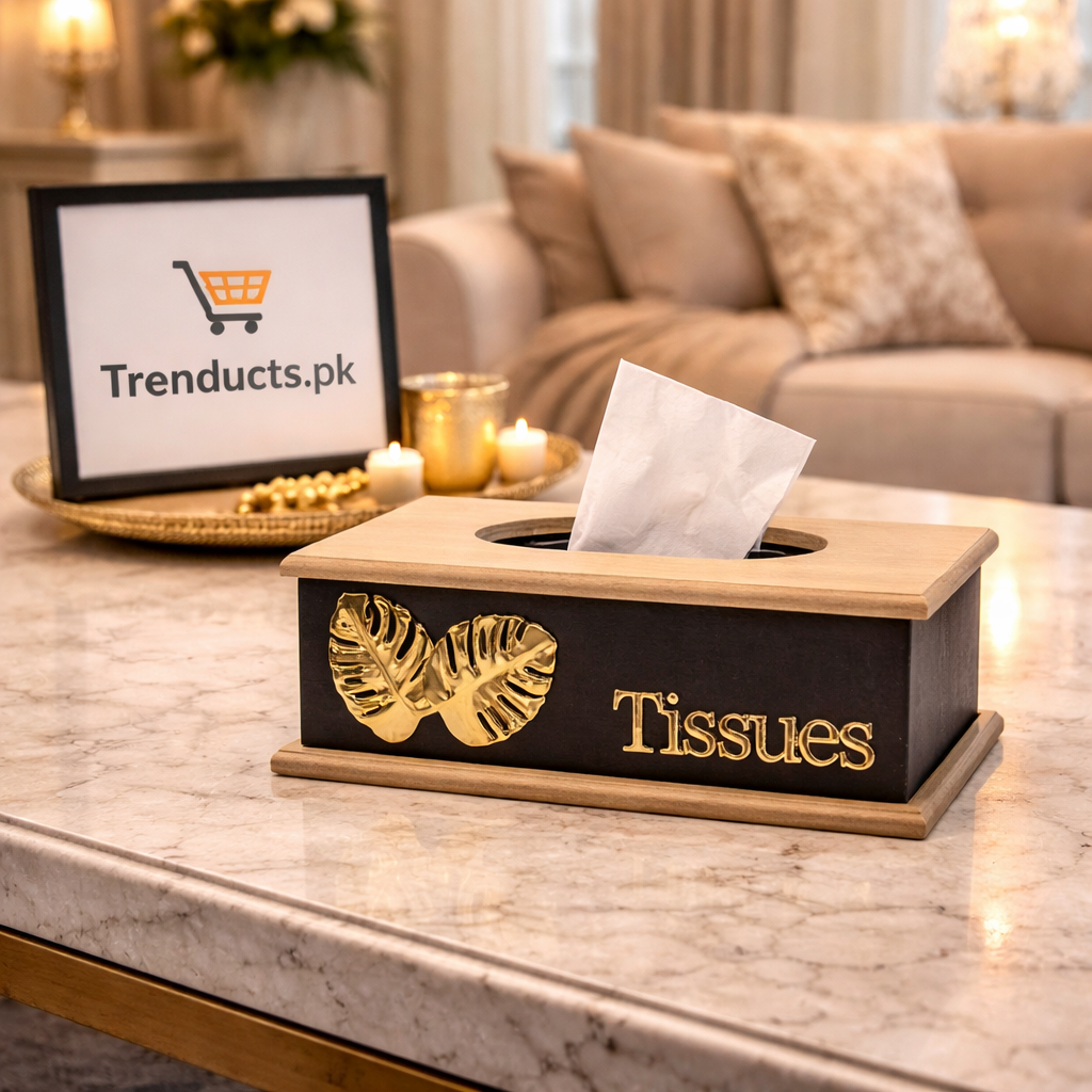 Premium Wood MDF Tissue Box Cover with Golden Leaf Accents